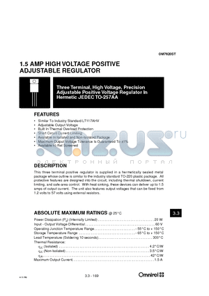 OM7620ST datasheet - 1.5 AMP HIGH VOLTAGE POSITIVE ADJUSTABLE REGULATOR