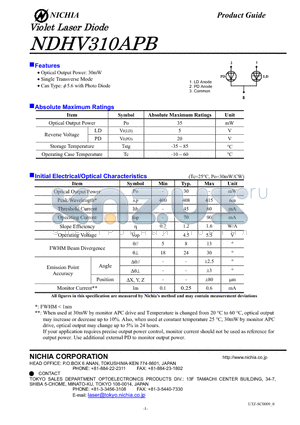 NDHV310APB datasheet - Violet Laser Diode