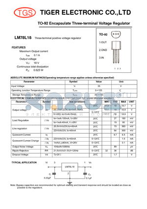LM78L18 datasheet - TO-92 Encapsulate Three-terminal Voltage Regulator