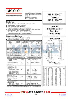 MBR1045CT datasheet - 10 Amp Schott ky Barrier Rectifier 30-60 Volts