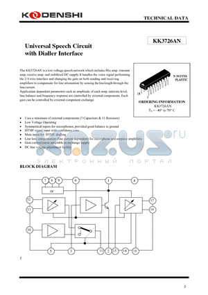 KK3726AN datasheet - Universal Speech Circuit with Dialler Interface