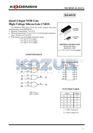 KK4001B datasheet - Quad 2-Input NOR Gate High-Voltage Silicon-Gate CMOS