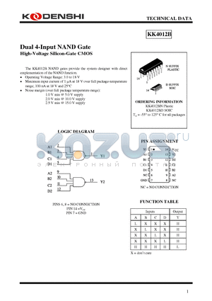 KK4012B datasheet - Dual 4-Input NAND Gate High-Voltage Silicon-Gate CMOS