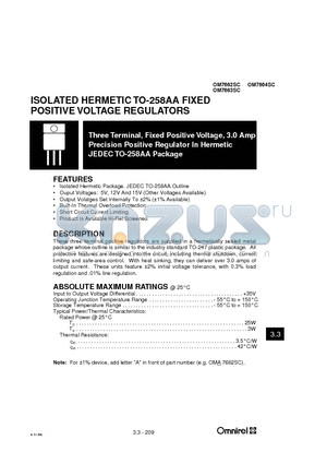 OM7662 datasheet - ISOLATED HERMETIC TO-258AA FIXED POSITIVE VOLTAGE REGULATORS