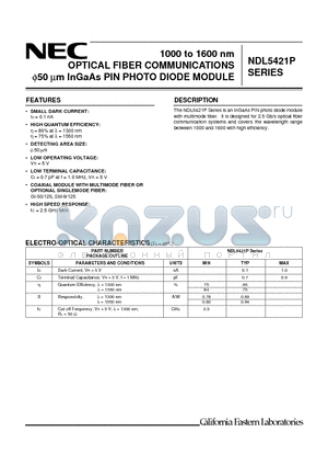 NDL5421P1 datasheet - 1000 to 1600 nm OPTICAL FIBER COMMUNICATIONS 50um InGaAs PIN PHOTO DIODE MODULE