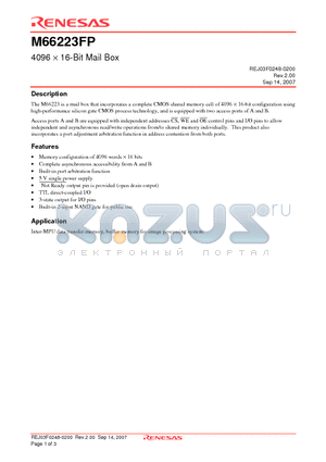 M66223FP datasheet - Mail Box That Incorporates a Complete CMOS Shared Memory Cell