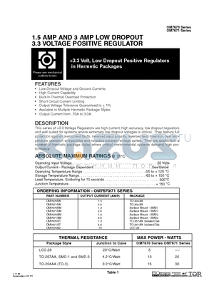 OM7670ST datasheet - 1.5 AMP AND 3 AMP LOW DROPOUT 3.3 VOLTAGE POSITIVE REGULATOR