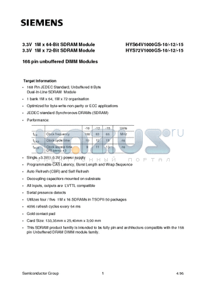 HYS72V1000GU-50 datasheet - 3.3V 1M x 64-Bit SDRAM Module 3.3V 1M x 72-Bit SDRAM Module