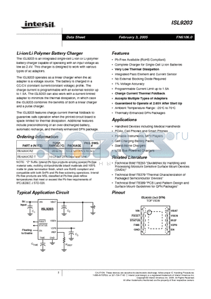 ISL9203CRZ datasheet - Li-ion/Li Polymer Battery Charger