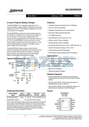 ISL9203CRZ-TR5220 datasheet - Li-ion/Li Polymer Battery Charger
