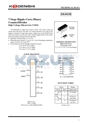 KK4024B datasheet - 7 Stage Ripple-Carry Binary Counter/Divider High-Voltage Silicon-Gate CMOS