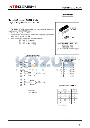 KK4025B datasheet - Triple 3-Input NOR Gate High-Voltage Silicon-Gate CMOS