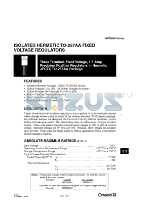 OM7812AIH datasheet - ISOLATED HERMETIC TO-257AA FIXED VOLTAGE REGULATORS