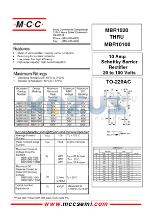 MBR1060 datasheet - 10 Amp Schottky Barrier Rectifier 20 to 100 Volts