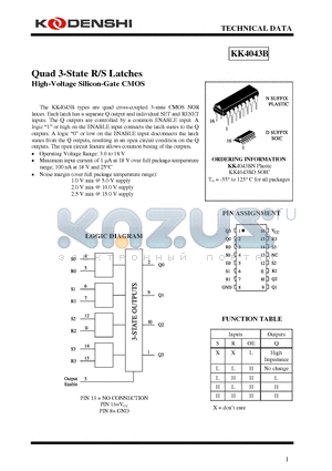 KK4043B datasheet - Quad 3-State R/S Latches High-Voltage Silicon-Gate CMOS