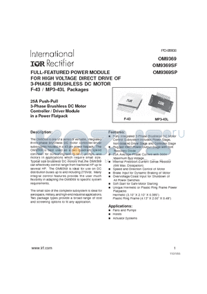 OM9369SP datasheet - FULL-FEATURED POWER MODULE FOR HIGH VOLTAGE DIRECT DRIVE OF 3-PHASE BRUSHLESS DC MOTOR