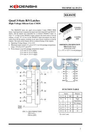 KK4043BN datasheet - Quad 3-State R/S Latches High-Voltage Silicon-Gate CMOS