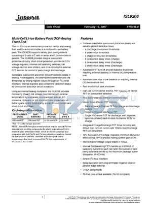 ISL9208 datasheet - Multi-Cell Li-ion Battery Pack OCP/Analog Front End