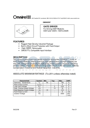 OM9402SP datasheet - GATE DRIVER For Driving IGBT Modules 600V and 1200V, 150A to 600A