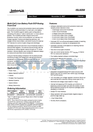 ISL9208_0711 datasheet - Multi-Cell Li-ion Battery Pack OCP/Analog Front End