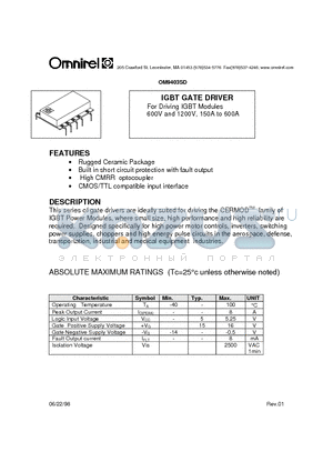 OM9403SD datasheet - IGBT GATE DRIVER For Driving IGBT Modules 600V and 1200V, 150A to 600A