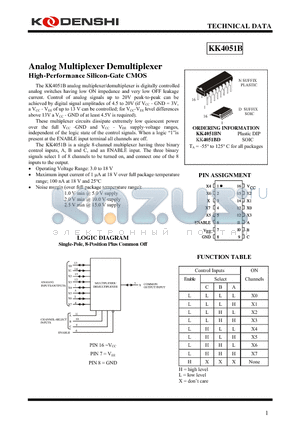 KK4051B datasheet - Analog Multiplexer Demultiplexer High-Performance Silicon-Gate CMOS