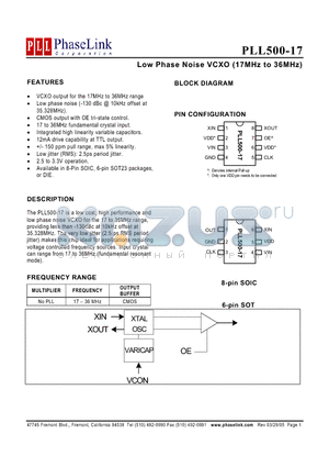 PLL500-17SCL datasheet - Low Phase Noise VCXO (17MHz to 36MHz)