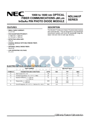 NDL5461P1C datasheet - 1000 to 1600 nm OPTICAL FIBER COMMUNICATIONS 80 um InGaAs PIN PHOTO DIODE MODULE