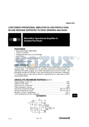 OMA541SFB datasheet - Monolithic Operational Amplifier In Isolated Flat Packs