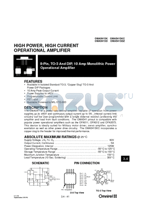 OMA541SK datasheet - HIGH POWER, HIGH CURRENT OPERATIONAL AMPLIFIER