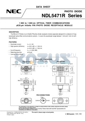 NDL5461P2 datasheet - 1 000 to 1 600 nm OPTICAL FIBER COMMUNICATIONS 120 mm InGaAs PIN PHOTO DIODE RECEPTACLE MODULE