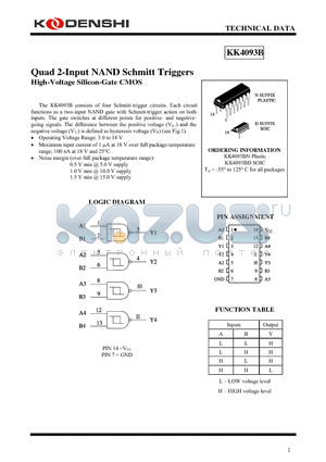 KK4093B datasheet - Quad 2-Input NAND Schmitt Triggers High-Voltage Silicon-Gate CMOS