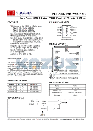 PLL500-27BSCR datasheet - Low Power CMOS Output VCXO Family (17MHz to 130MHz)