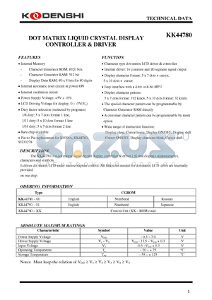 KK44780 datasheet - DOT MATRIX LIQUID CRYSTAL DISPLAY CONTROLLER & DRIVER