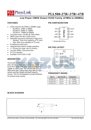 PLL500-27B datasheet - Low Power CMOS Output VCXO Family (27MHz to 200MHz)