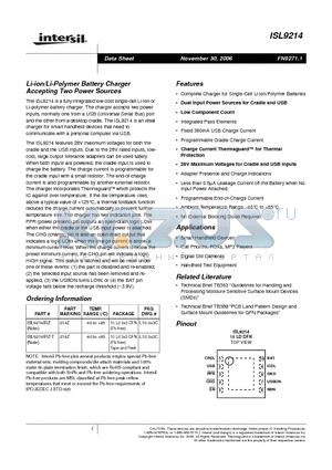 ISL9214RZ datasheet - Li-ion/Li-Polymer Battery Charger Accepting Two Power Sources