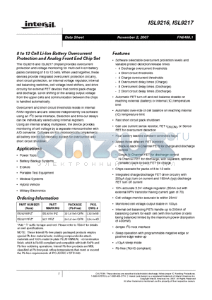 ISL9217 datasheet - 8 to 12 Cell Li-Ion Battery Overcurrent Protection and Analog Front End Chip Set