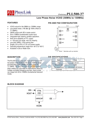 PLL500-37 datasheet - Low Phase Noise VCXO (36MHz to 130MHz)