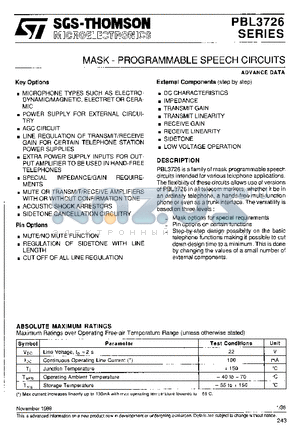 PBL3726/12 datasheet - MASK - PROGRAMMABLE SPEECH CIRCUITS