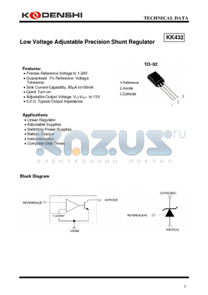 KK432 datasheet - Low Voltage Adjustable Precision Shunt Regulator