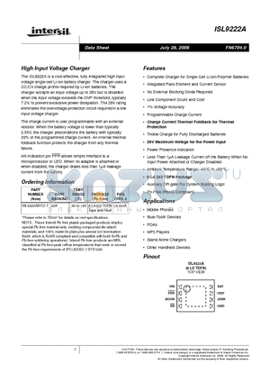 ISL9222AIRTZ-T datasheet - High Input Voltage Charger Low Component Count and Cost