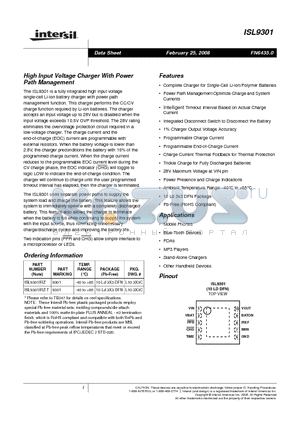ISL9301 datasheet - High Input Voltage Charger With Power Path Management