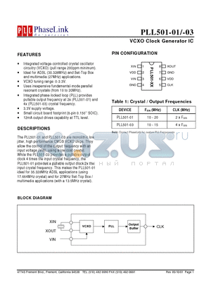 PLL501-01SM datasheet - VCXO Clock Generator IC