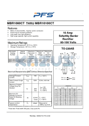 MBR1080CT datasheet - 10 Amp Schottky Barrier Rectifier 80-100 Volts