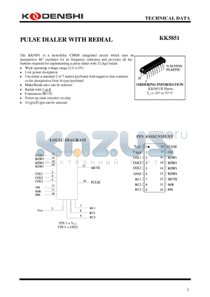 KK5851 datasheet - PULSE DIALER WITH REDIAL
