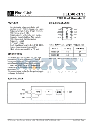 PLL501-21SC datasheet - VCXO Clock Generator IC