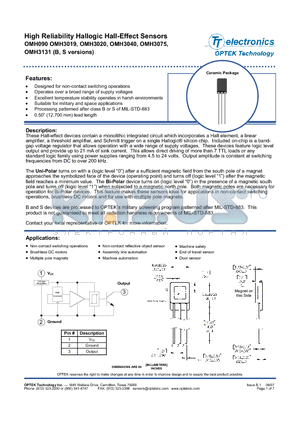 OMH3131 datasheet - High Reliability Hallogic Hall-Effect Sensors