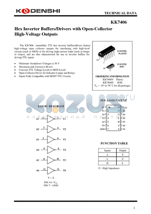 KK7406 datasheet - Hex Inverter Buffers/Drivers with Open-Collector High-Voltage Outputs