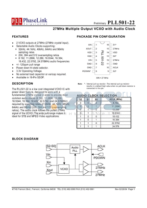 PLL501-22XC-R datasheet - 27MHz Multiple Output VCXO with Audio Clock