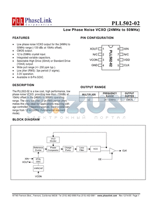 PLL502-02HSCL-R datasheet - Low Phase Noise VCXO (24MHz to 50MHz)